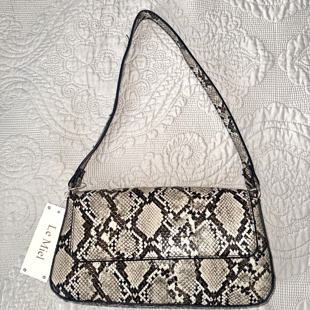 Le Miel  Vegan Snake Print Hand/Shoulder Bag-Cream and Brown